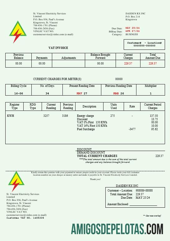 em branco São Vicente e Granadinas São Vicente Electricidade Services Limited Busienss Utility Bill Modelo Word e PDF